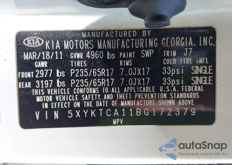 2011 Kia Sorento Lx from USA, damaged, VIN 5XYKTCA11BG172379